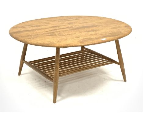 ercol light elm oval coffee table with undertier, 99cm x 83cm, H44cm - Condition Report 