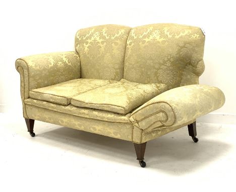 Early 20th century two seat settee with drop end, upholstered in pale gold Damask fabric, square tapering feet with brass and