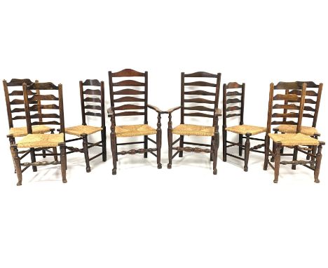  Matched set eight (6+2) 19th century oak and ash ladder back dining chairs, with rush seats and turned supports, W62cm   - C