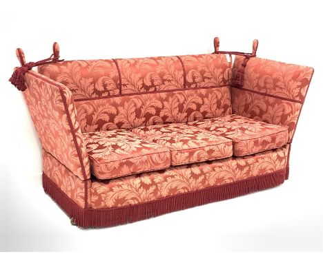 20th century Knole drop end three seat sofa upholstered in claret foliage patterned damask fabric, W191cm, D84cm (closed) - C