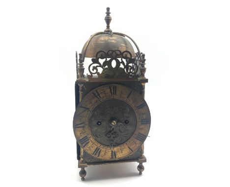 Late 19th century brass lantern clock, the engraved dial inscribed 'Edward East', Roman chapter ring, pierced and engraved pe