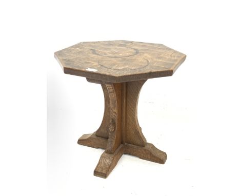 'Mouseman' oak octagonal side table, cruciform base on sledge feet, circa. 1950s, by Robert Thompson of Kilburn, D55cm, H47cm