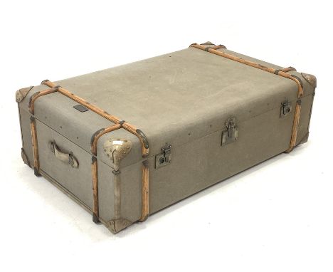 Canvas, wooden and metal bound steamer trunk style coffee table with drawer to each end, 84cm x 132cm, H44cm - Condition Repo