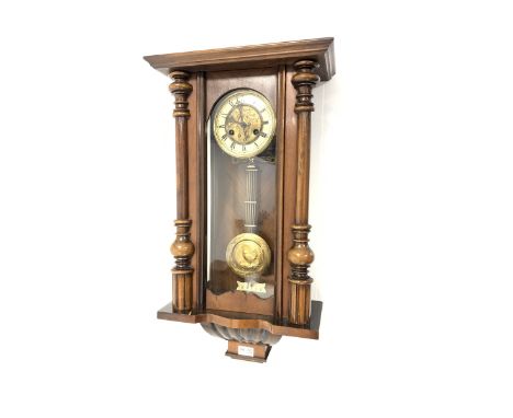 Late 19th century walnut and beech cased Vienna wall clock, twin train movement striking on coil, with pendulum, H69cm - Cond