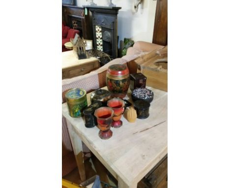 Collection of highly decorative Oriental boxes to include a Paper Mache trinket box , plus one european lidded tin