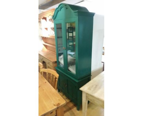 Emerald green painted hardwood dresser with glazed top part (in two parts for ease of transport). Cupboards to lower part.  *