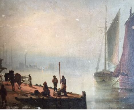Continental School, 19th century, indistinctly signed and dated lower left, harbour scene with figures etc, oil on wood panel