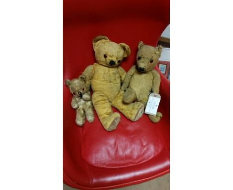 Collection of 3 vintage mohair teddy bears. Largest retains original maker label to foot pad. Possibly Chiltern / Chad Valley