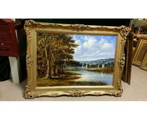 English School oil on canvas in large gilt frame, approx 68cm x 95cm. Lakeside boating scene, impressionist style, unsigned. 