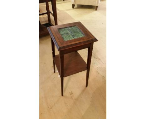 Vintage side table / jardinière with green tile top and shelf under. Arts and Crafts in style. Measures approx: 28cm wide, 28