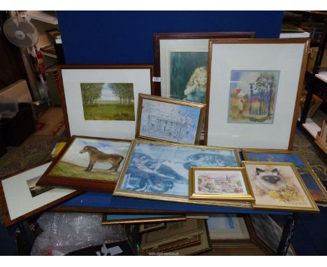 A quantity of prints including Mary Traynor, Doris Scott Nelson print of a cat, 'Woods End' by M. Browne, Cries of London Mat