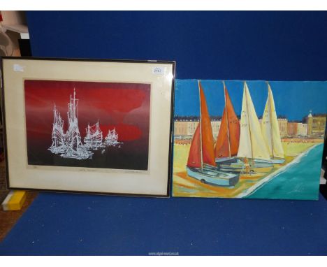A Limited Edition print of White Trawlers by Evans/Edwards no. 28/75 and an unframed oil on canvas of dinghies on the shoreli