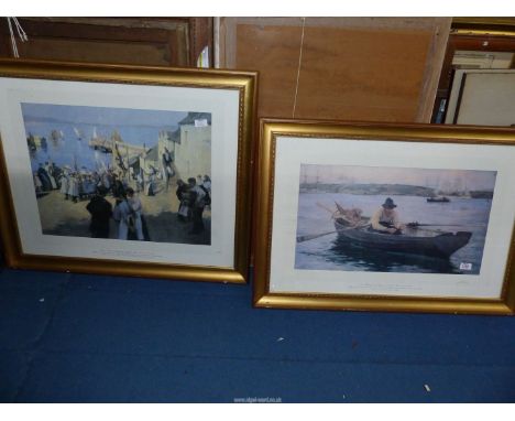 Two large framed Prints - The Fisherman after Henry Scott Tuke and Festive Day at Newlyn after Stanhope Forbes.