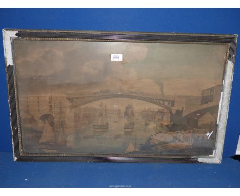 A framed print of the West View of Wearmouth Bridge, 31 1/2'' x 19 1/4'', some damage to the frame.