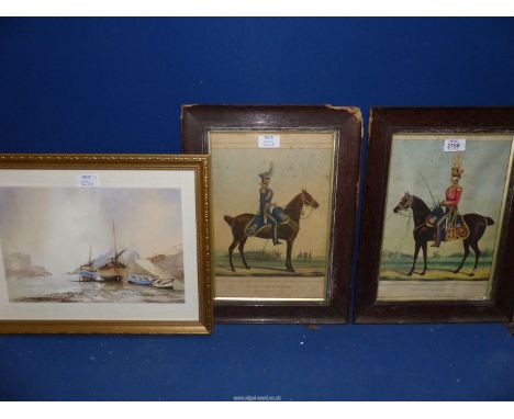 Two wooden framed Military Prints;  Officers of The British Army 13th and 14th Light Dragoons a/f. and Harbour scene, signed 