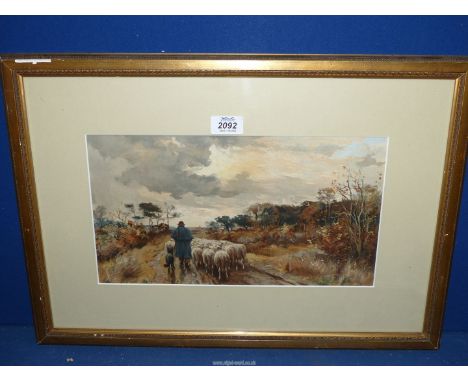 A framed and mounted Lithograph of a shepherd and his dog walking his sheep down a country lane, indistinctly signed lower ri
