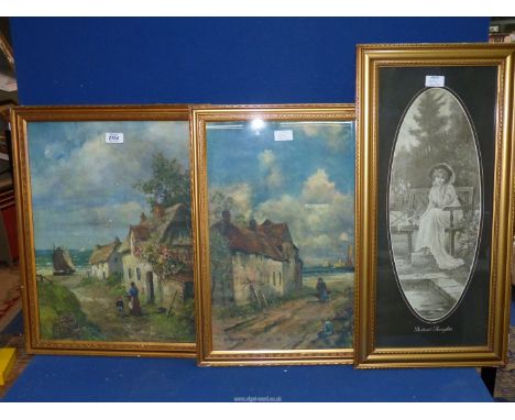 A pair of gilt framed Prints depicting figures in fishing village and a Print entitled "Distant Thoughts".