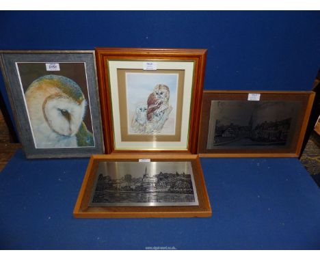 A framed print of an Owl, decoupage of a family of Owls by John ball and two steel prints of Weobley and Ross on Wye.