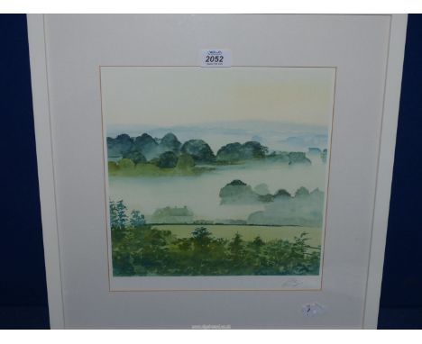 A framed and mounted Print titled verso "Misty Morning" by the artist David Grey, 18 3/4" x 19 1/4".