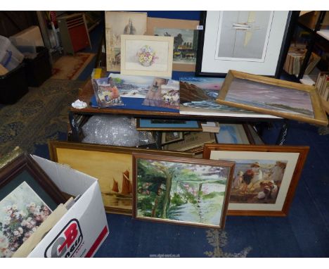 A box of prints including 'On The Beach' by Dame Laura Knight, Monet floral print, Helen Bradbury 'Gathering Blackberries', o