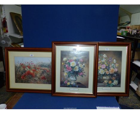 A M.Dipnall print of Poppies together with a pair of Albert Williams floral prints 'Iris, Narcissa and Roses' and 'Roses'.