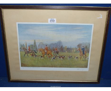 A framed and mounted Eric Meade-King print 'Cotswold Vale Framer's Hunt, Boddington Manor 1950', 21'' x 17''.