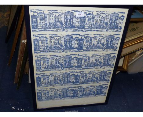 A large framed print (possibly a design for fabric) depicting a Venetian scene in blue, 20'' x 27''.