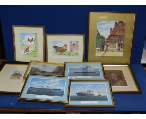 A box of pictures to include two Gerry Wilson watercolour, Chicken cartoons, framed and mounted watercolour 'The Little Stree