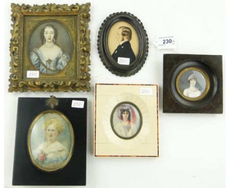 4 miniature painted portraits and one print, all unsigned, framed, (5).