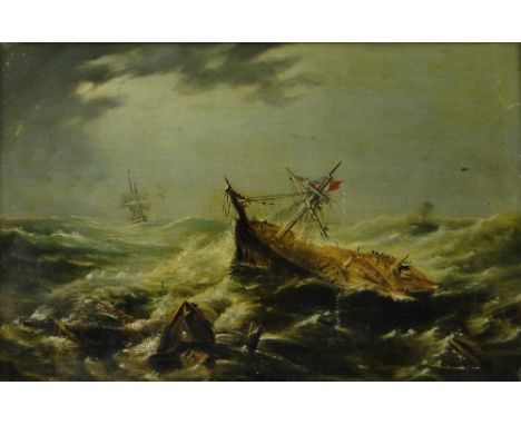19th century oil on wood panel, shipwreck scene, unsigned, 10.5" x 15.5", framed.