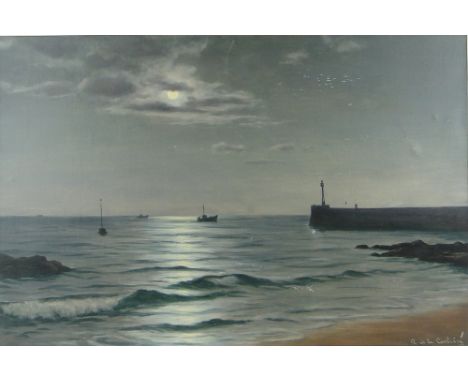 R De La Corbiere
oil on canvas, moonlit harbour scene, signed, 24" x 36", framed.