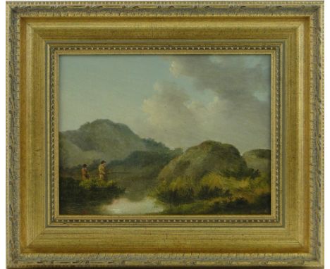 George Morland (1763-1804)
oil on wood panel, river landscape with anglers, signed, 7" x 9", framed.