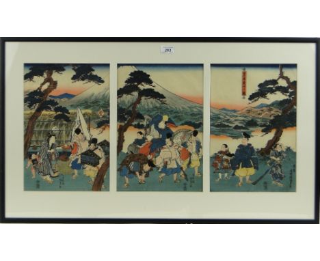 **Kunisada
a triptych of Japanese colour woodblock prints, hunting scene near Mt. Fuji, with text inscription, each panel 14"