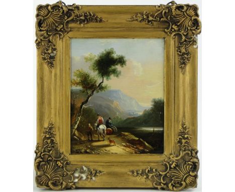 Oil on paper laid on panel circa 1900, travellers in extensive landscape, unsigned, 11" x 9", framed.
