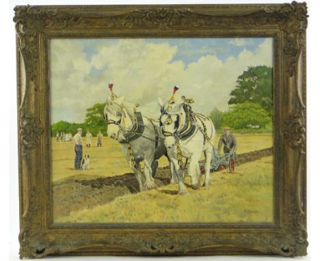 R L Harvey
oil on canvas, "Gala Dress," depicting a ploughing match, signed with exhibition label verso, 20" x 24", framed.