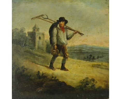 19th century oil on wood panel, portrait of a farm labourer, unsigned, 5.5" x 5.5", unframed.