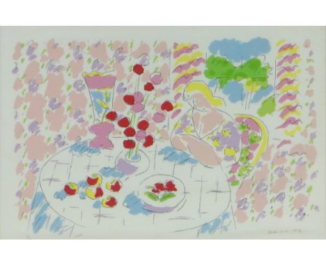 Neil Shawcross
colour lithograph on silk paper, woman at a table, signed in pen, dated 1974, no. 7/50, 12" x 18", framed.