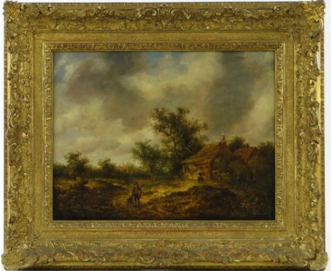 Attributed to James Stark
oil on wood panel, figures in a rural landscape, unsigned with old labels verso, 12" x 16", framed.