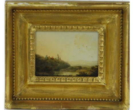 George Morland (1763-1804)
oil on panel, figures around a camp fire on a hilltop, signed with initials, 5.5" x 7.25", framed.