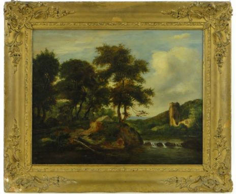 English School
19th century oil on wood panel, river landscape, inscribed verso "J R W" 16" x 20", framed.