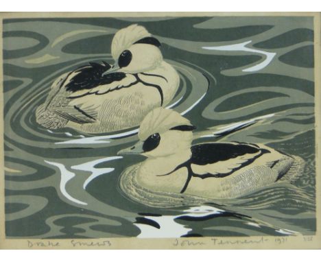 John Tennent (born 1926)
lino-cut print, drakes, signed in pencil, dated 1971, no. 3/35, i 10.5" x 15", framed.
