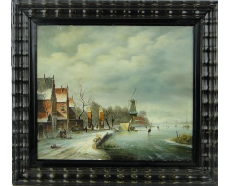 Dutch School
19th/20th century oil on wood panel, skaters on a frozen river, unsigned, 20" x 23", framed.