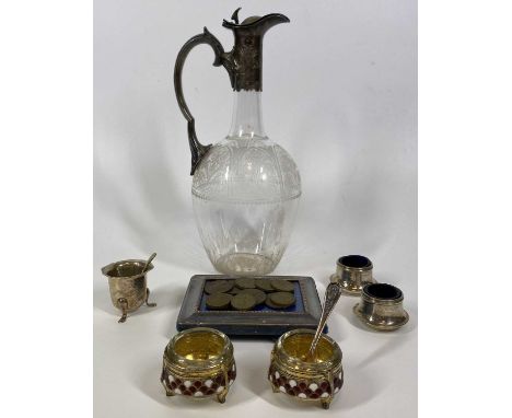 GROUP OF SMALL PLATED WARE and a quantity of pre-decimal coinage to include a white metal mounted claret jug, pair of Russian