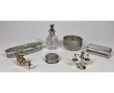 SMALL SILVER - 7 items to include two silver topped glass trinket boxes and a small oval lidded pill box, various Birmingham 