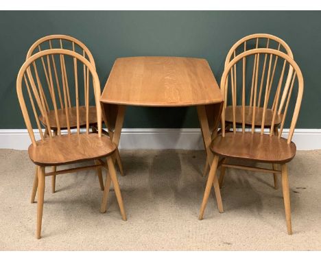 ERCOL LIGHT ELM DROP LEAF TABLE, 71cms H, 124cms W, 113cms D (open) and four hoop back spindle chairs, 89cms H, 45cms W, 41cm