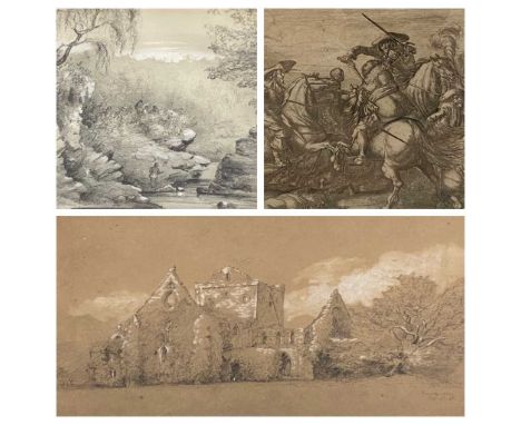 ETCHINGS &amp; PRINTS (3) - to include a sketch of an Abbey dated 1851, 23 x 35cms, an etching of a figure with top hat at a 