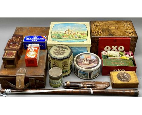 MIXED COLLECTABLES GROUP - a Victorian walnut and inlaid lidded box, vintage tin case, treen watch holder with painted detail