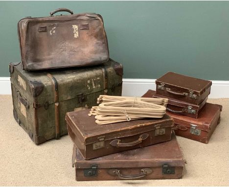 VINTAGE LUGGAGE ASSORTMENT to include a large trunk with quantity of wooden coat hangers, 50cms H, 70cms W, 46cms D, Gladston