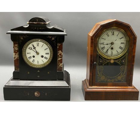 ANTIQUE SLATE MANTEL CLOCK - an excellent example with marble detail, 36.5 x 29 x 17cms, Roman numeral on a painted dial with