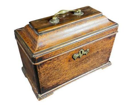 19TH CENTURY OAK SARCOPHAGUS SHAPED TEA CADDY - 19 x 26 x 30cms